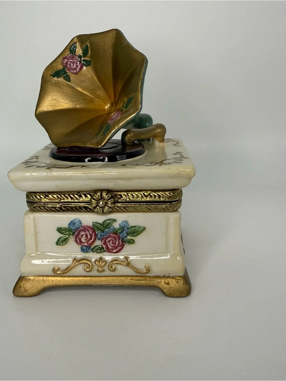 Vintage Porcelain Gramophone Trinket Box Phonograph Ceramic Rose Jewelry Case